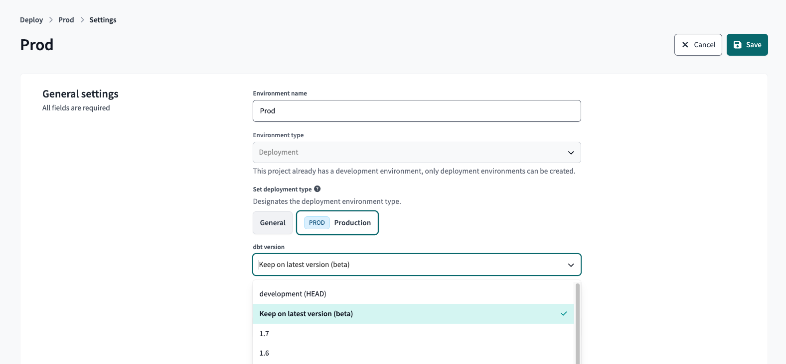 Example environment settings in dbt Cloud